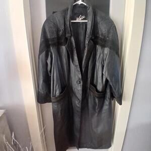 Winlit Genuine Leather Trench Coat Womens  2XL lack Paisley Long Jacket Vtg 80s